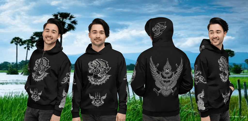Four men wearing a Cambodia Good Luck hoodie from Mrugacz.