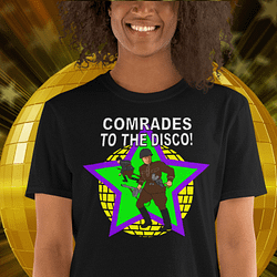 Woman wearing a Comrades Disco Dancing Tshirt from Mrugacz.