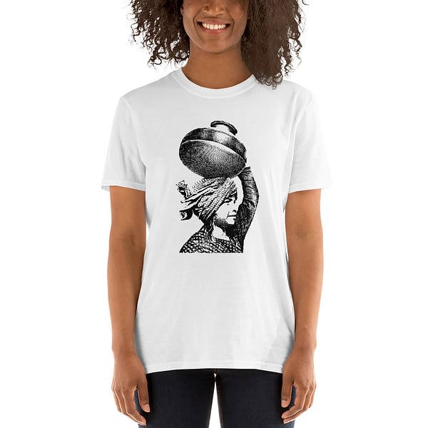 Woman wearing Mrugacz design t-shirt.