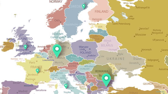 European map with pointers showing test results for Anthony Mrugacz.