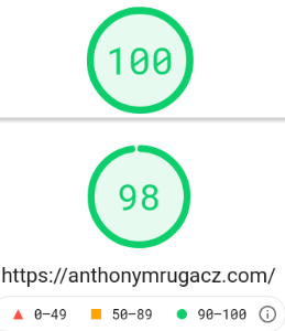Google Index Speed scores for Anthony Mrugacz' website- 98 and 100.