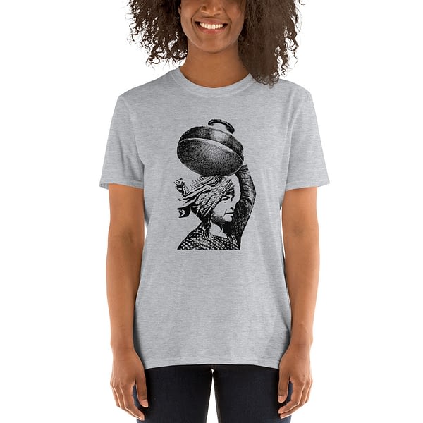 Woman wearing Mrugacz design t-shirt.