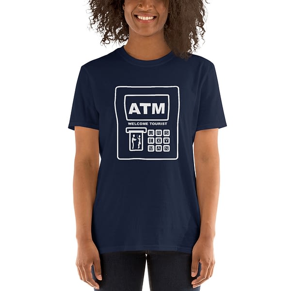 Comic graphic of Southeast Asian ATM machine on a Mrugacz shirt.