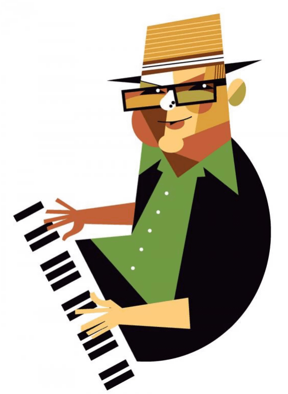 Cartoon of Ricky Nye on a piano for Piano Puppet Poem.