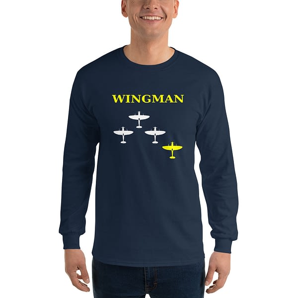 Man wearing a Wingman Spitfire Mrugacz design t-shirt.