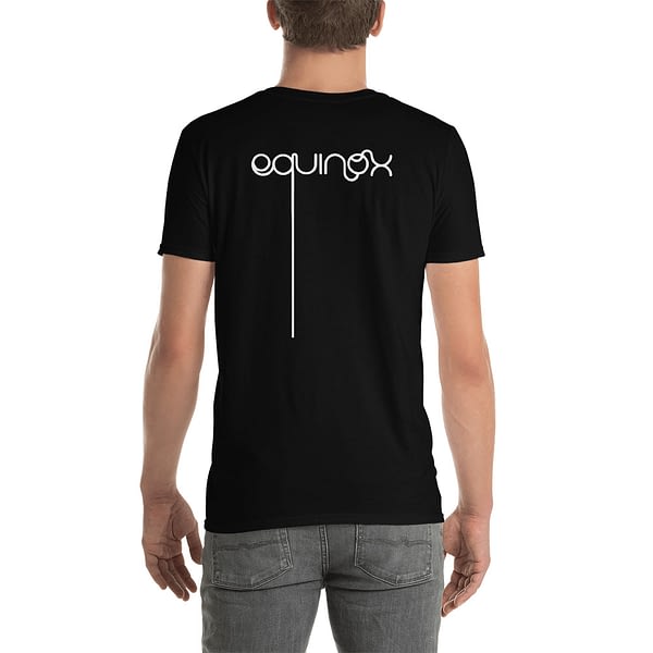 White text "Equinox" on a black t-shirt.