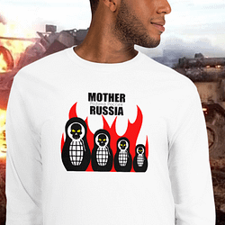 Man wearing a Russian Matroyshka Dolls Longsleeve shirt from Mrugacz.