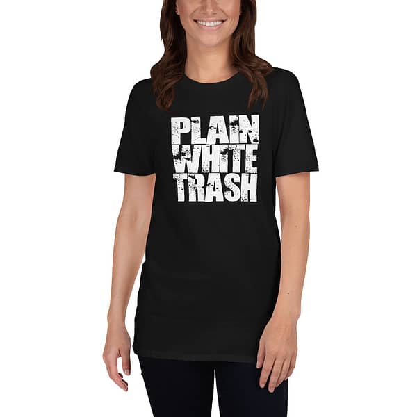 Woman wearing a White Trash Trailerpark Tshirt by Mrugacz.