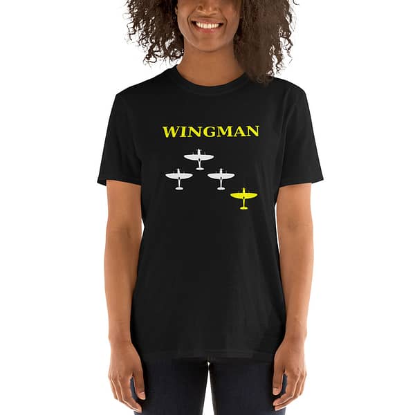 Woman wearing a Wingman Spitfire Mrugacz design t-shirt.