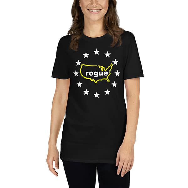 Woman wearing a Nation Gone Rogue Tshirt by Mrugacz.